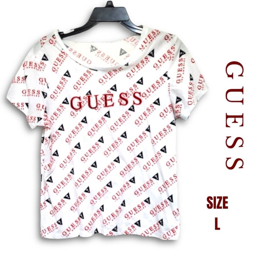 Guess Shirt Teen's (L) White Short Sleeve Spell Out All Over Print T Shirt.